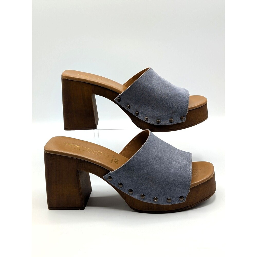 Verderosmarino Mules Women 8 Gray Blue Suede Leather Wood Block Heel Sandals